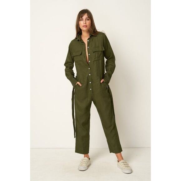 Rue Stiic Pants - Rue Stiic Womens size Small Preston Linen Blend Cropped Jumpsuit Khaki Green